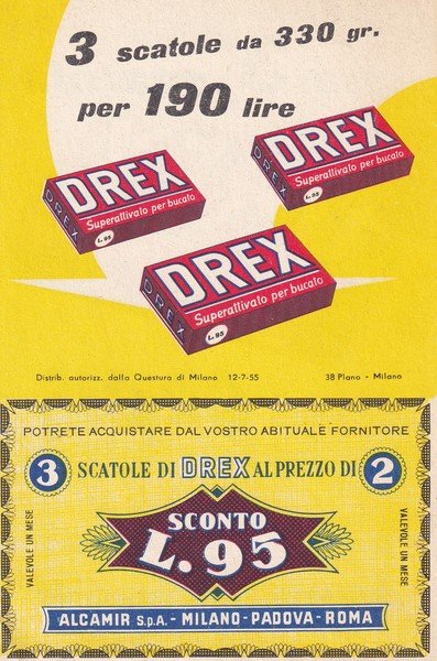 Brochure pubblicitaria sapone DREX "Superattivato per bucato". Alcamir Spa 1955