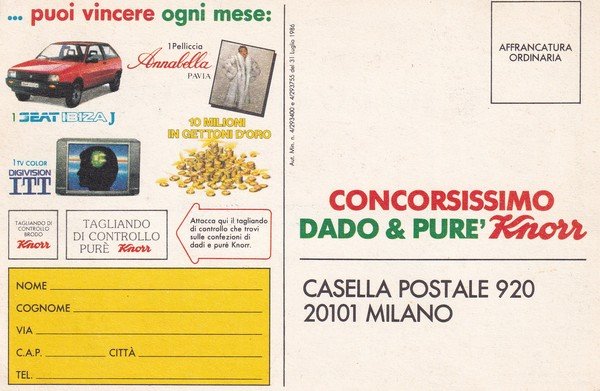 *Cartolina "Concorsissimo dado & purè KNORR" Mike Bongiorno 1986