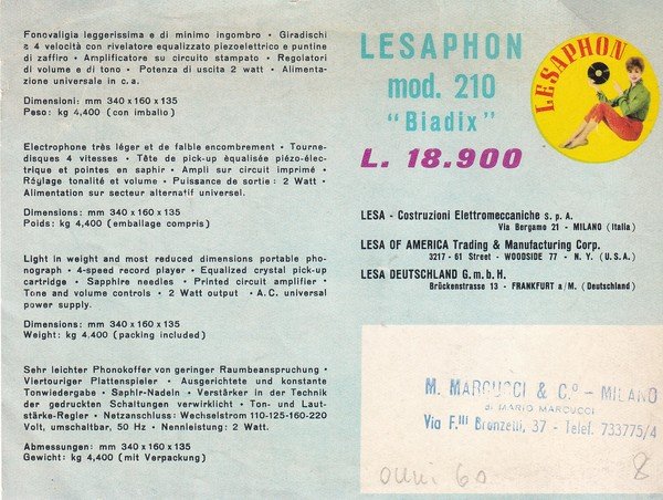 Brochure LESA. Fonovaligia LESAPHON 210 "Biadix" (giradischi). Anni '60