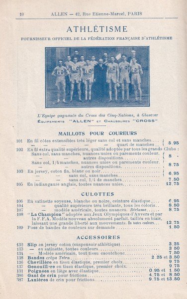 Catalogo articoli sportivi "ALLEN été 1923 Sports". Atleti olimpionici francesi …