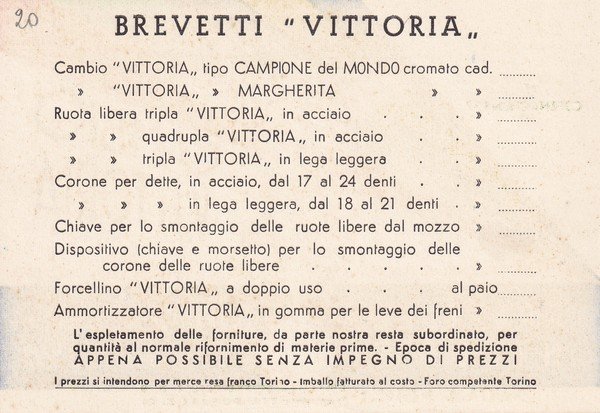 Cartolina Brevetti "VITTORIA" (ruote libere, forcellino, ammortizzatore) - Torino