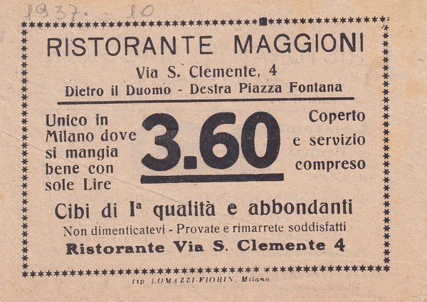 Brochure Ristorante Maggioni - via S. Clemente 4 Milano 1937