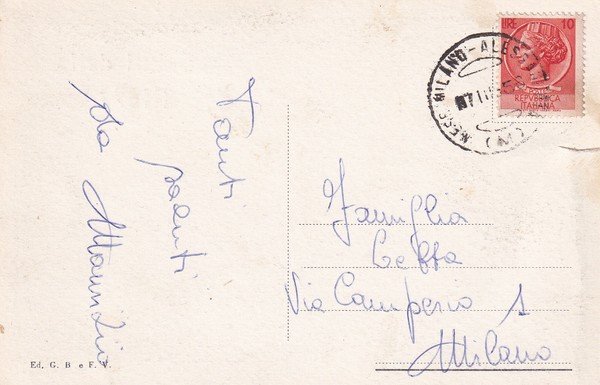 Cartolina Saluti dalla Risaia (mondine). 1956