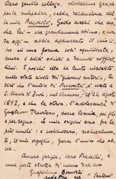 Cartolina manoscritta e firmata Guglielmo Bonuzzi. 1925