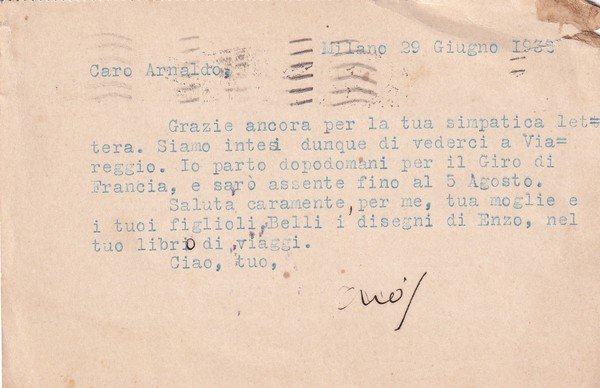 Cartolina manoscritta firmata da Orio Vergani ad Arnaldo Frateili. 1930