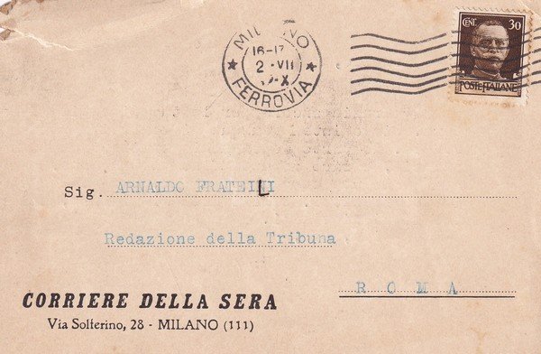 Cartolina manoscritta firmata da Orio Vergani ad Arnaldo Frateili. 1930