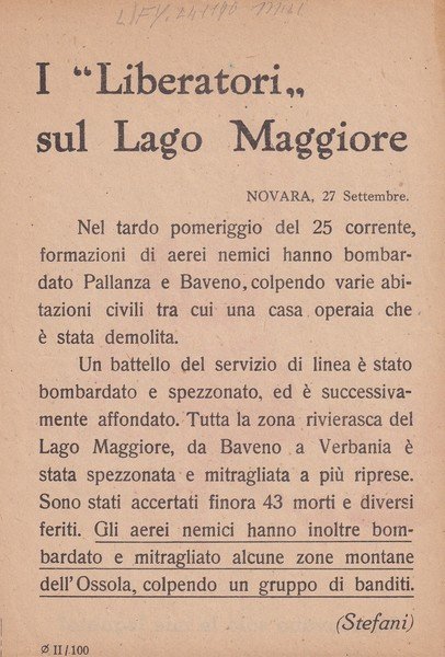 Volantino aereo Seconda Guerra Mondiale "I Liberatori sul Lago Maggiore"