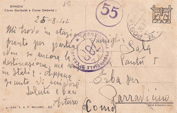 Cartolina BRINDISI - Corso Garibaldi e Corso Umberto I. 1944