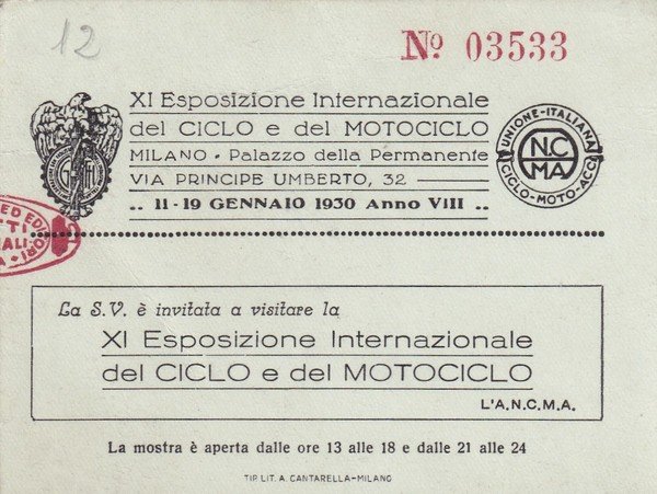 Biglietto ingresso XI Esposizione Internazionale del Ciclo e del Motociclo …