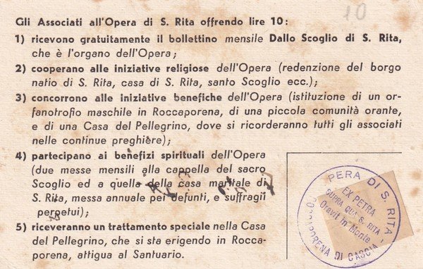 Tessera di associazione 1942 "Opera di Santa Rita - Roccaporena …