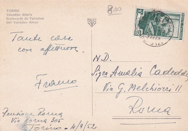 Cartolina Torino - Viali del Valentino. 1952