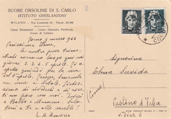 Cartolina Suore Orsoline di S. Carlo Istituto Ghislanzoni - Milano. …