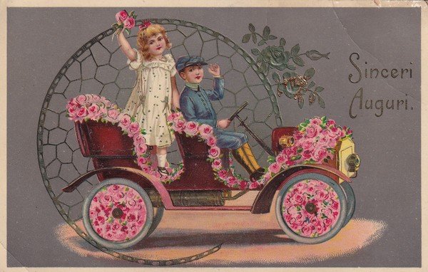 Cartolina "Sinceri Auguri" (bambini in auto). 1912