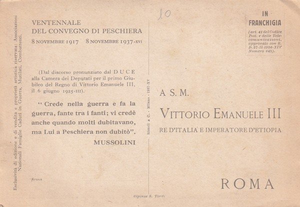Cartolina Ventennale del Convegno di Peschiera 1937. A.S.M Vittorio Emanuele …