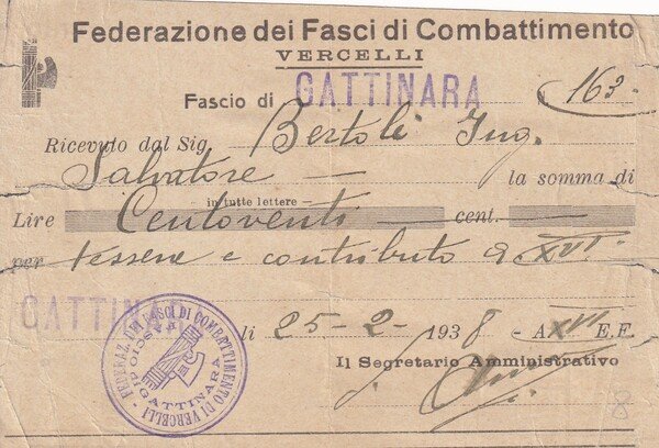 Fattura Federazione dei Fasci di Combattimento - Vercelli. 1938