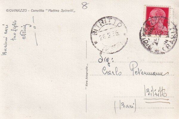 Cartolina Giovinazzo (Bari) - Convitto "Matteo Spinelli". 1935