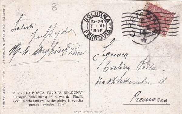 Cartolina "La fosca turrita Bologna" Dettaglio della pianta in rilievo …