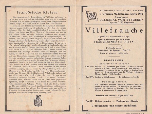 Programma NORDDEUTSCHER LLOYD BREMEN - Crociera Mediteranea Estiva 1936. Villefranche. …