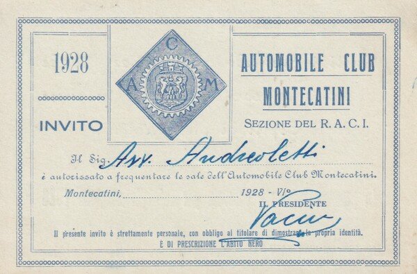 Tessera Automobile Club Montecatini - Selezione del R.A.C.I. 1928