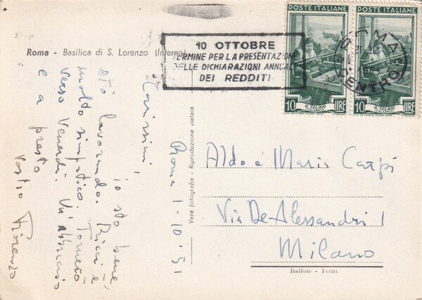 Cartolina manoscritta e firmata da FIORENZO CARPI 1951