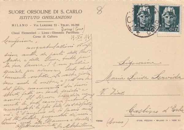 Cartolina Suore Orsoline di S. Carlo, Istituto Ghislanzoni - Cortile …