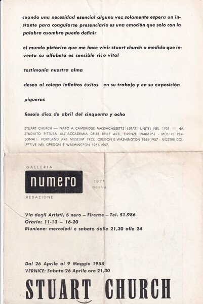 Invito mostra Stuart Church 1958. Galleria NUMERO (Firenze). 197° Mostra