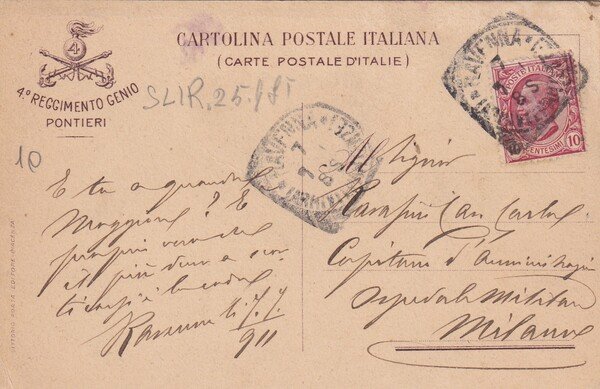 Cartolina 4° Reggimento Genio - Pontieri. 1911