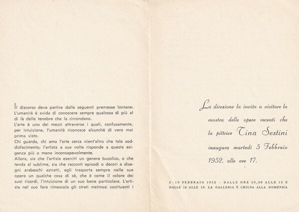Invito mostra TINA SESTINI 1952 - Galleria del Milione - …