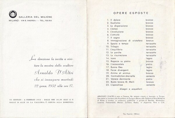 Invito mostra Arnoldo D'Altri 1952 - Galleria del Milione - …