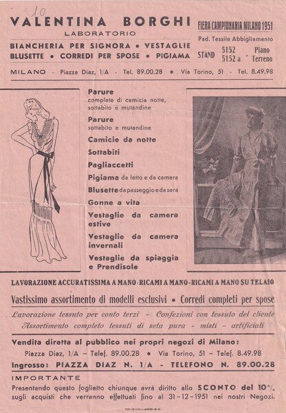 Volantino pubblicitario Laboratorio VALENTINA BORGHI - Fiera Campionaria Miano 1951 …