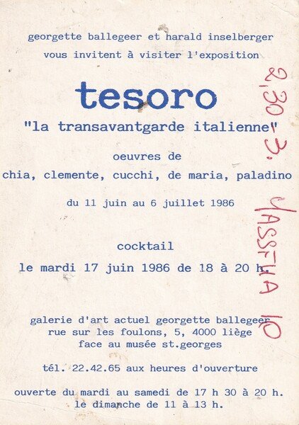 Invito Mostra TESORO "la transavantgarde italienne" 1986. Liège.