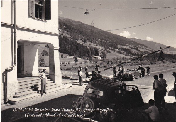 Cartolina (Val Pusteria) Prato Drava - Stanga di confine. 1957