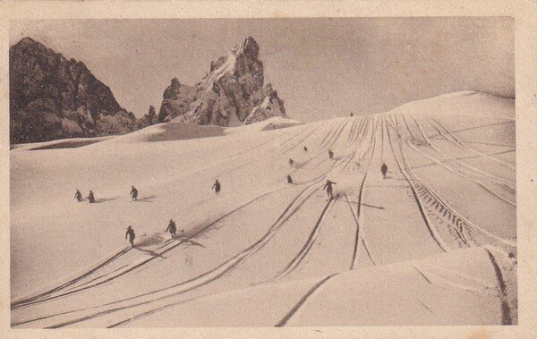 Cartolina Esercitazioni di sciatori al Passo di Rolle sui campi …
