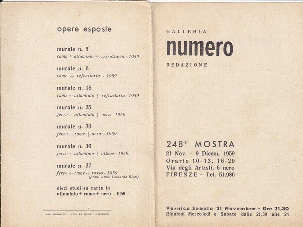 Invito mostra 248 PIERLUCA. Galleria NUMERO (Firenze). 1959 + Cartolina