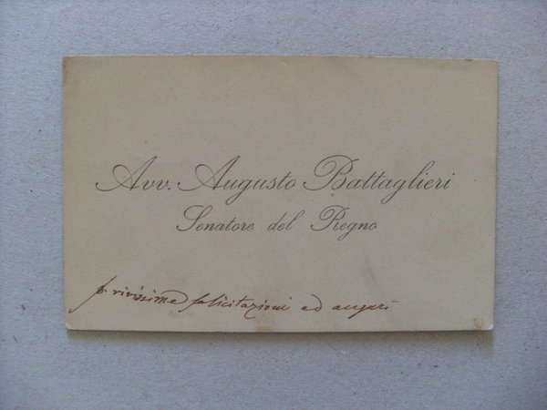 *Biglietto da visita manoscritto Avv. AUGUSTO BATTAGLIERI - Senatore del …