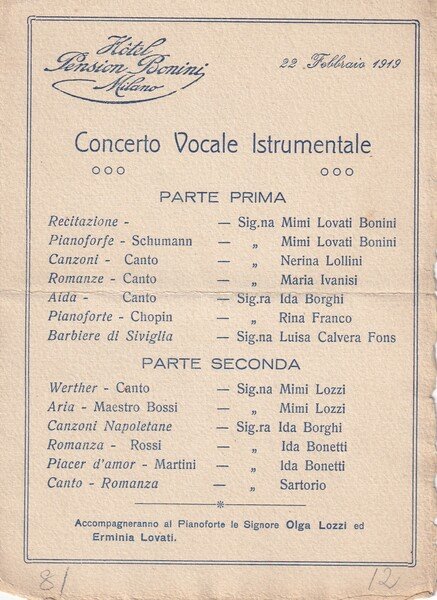 Programma"Concerto Vocale Istrumentale 1919" Hotel Pension BONINI - Milano