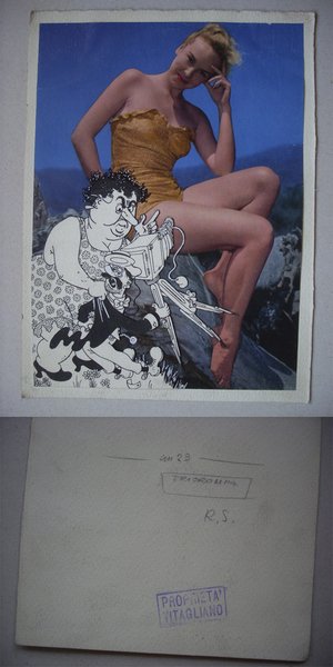 Bozzetto tecnica mista in tricromia VITAGLIANO (umoristica, pin - up)
