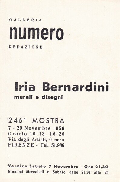 Invito IRIA BERNARDINI murali e disegni. Galleria Numero mostra 246°. …