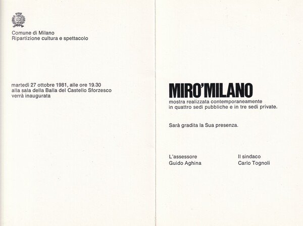 Invito mostra "Mirò Milano" Comune di Milan - 1981