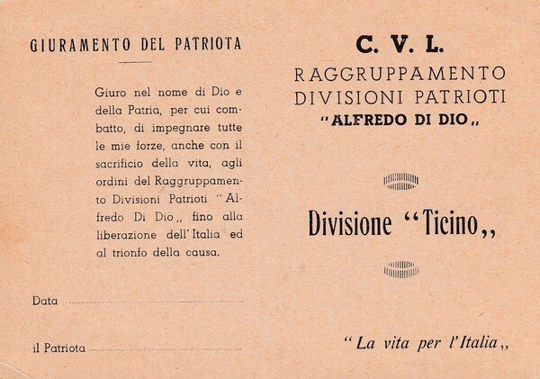 Cartolina Giuramento del patriota - C.V.L. Raggruppamento Divisioni Patrioti "Alfredo …