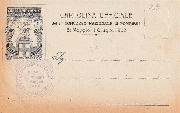 Cartolina ufficiale del I° Concorso Nazionale di pompieri 31 maggio …