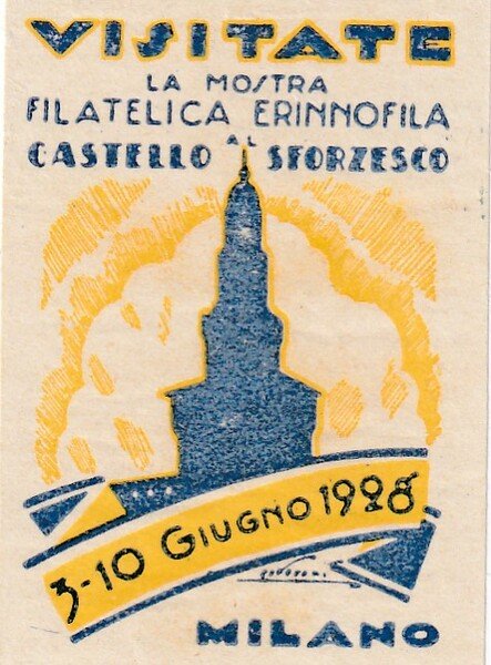 Bollo "Visitate la mostra Filatelica Erinnofila Castello Sforzesco Milano 1928"