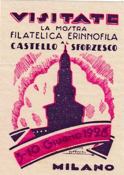 Bollo "Visitate la mostra Filatelica Erinnofila Castello Sforzesco Milano 1928"