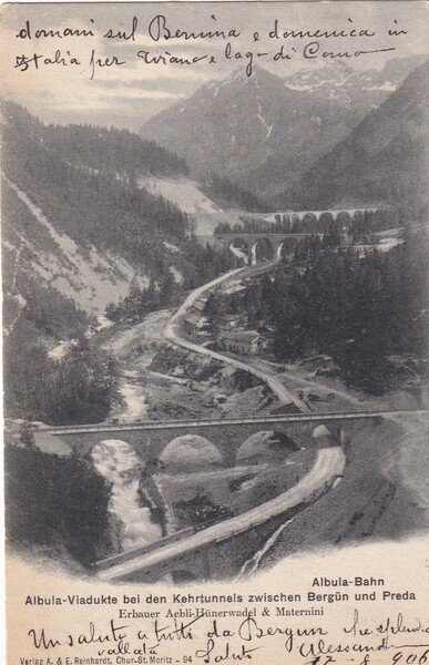 Cartolina Albula-Bahn. Albula-Viadukte bei den Kehrtunnels zwischen Bergun und Preda. …