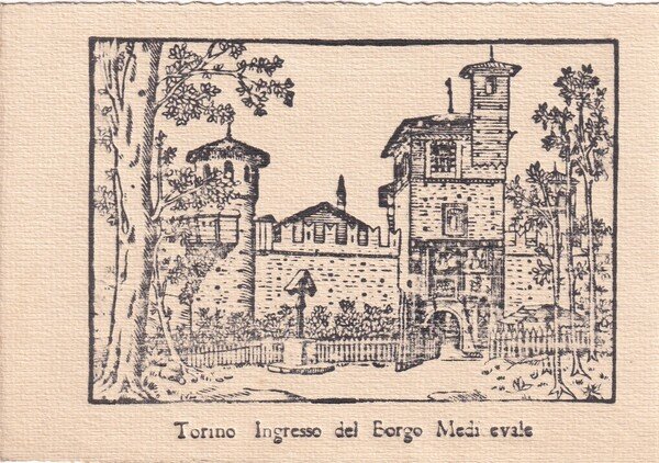 Cartolina xilografica Torino ingresso del Borgo Medievale.