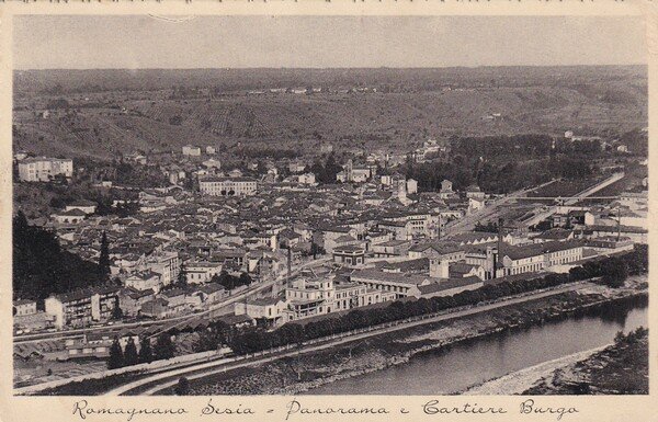 Cartolina Romagnano Sesia (Novara) - Panorama e Cartiere Burga. 1938