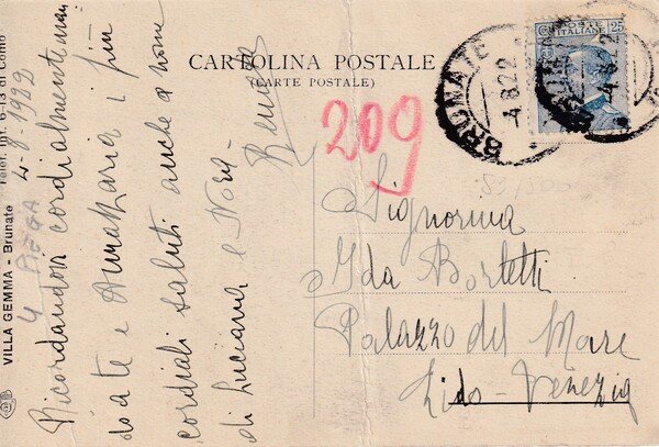 Cartolina/postcard Villa Gemma - Brunate (Como). 1922