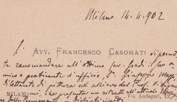 Avv. Francesco Casorati - Milano. Biglietto da visita manoscritto 1902.