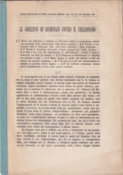 Le obbiezioni de Rosminiani contro il Creazionismo. Le obiezioni dei …