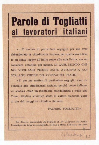 Volantino propaganda PAROLE DI PALMIRO TOGLIATTI ai lavoratori italiani 1930